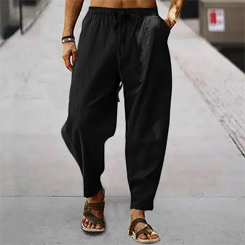 New Men Cotton Linen Pants Summer and Autumn Solid High Waist Wide-Leg Trousers Male Loose Hemp Casual Breathable Sports Pants