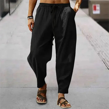 New Men Cotton Linen Pants Summer and Autumn Solid High Waist Wide-Leg Trousers Male Loose Hemp Casual Breathable Sports Pants