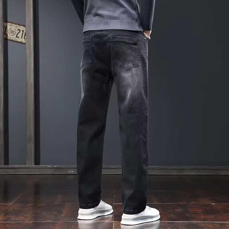 2025 New Men Fashion Loose Straight Elasticity Jeans Male Wear-resistant Slim Fit Denim Pants Smart Casual Dark Gray Trousers