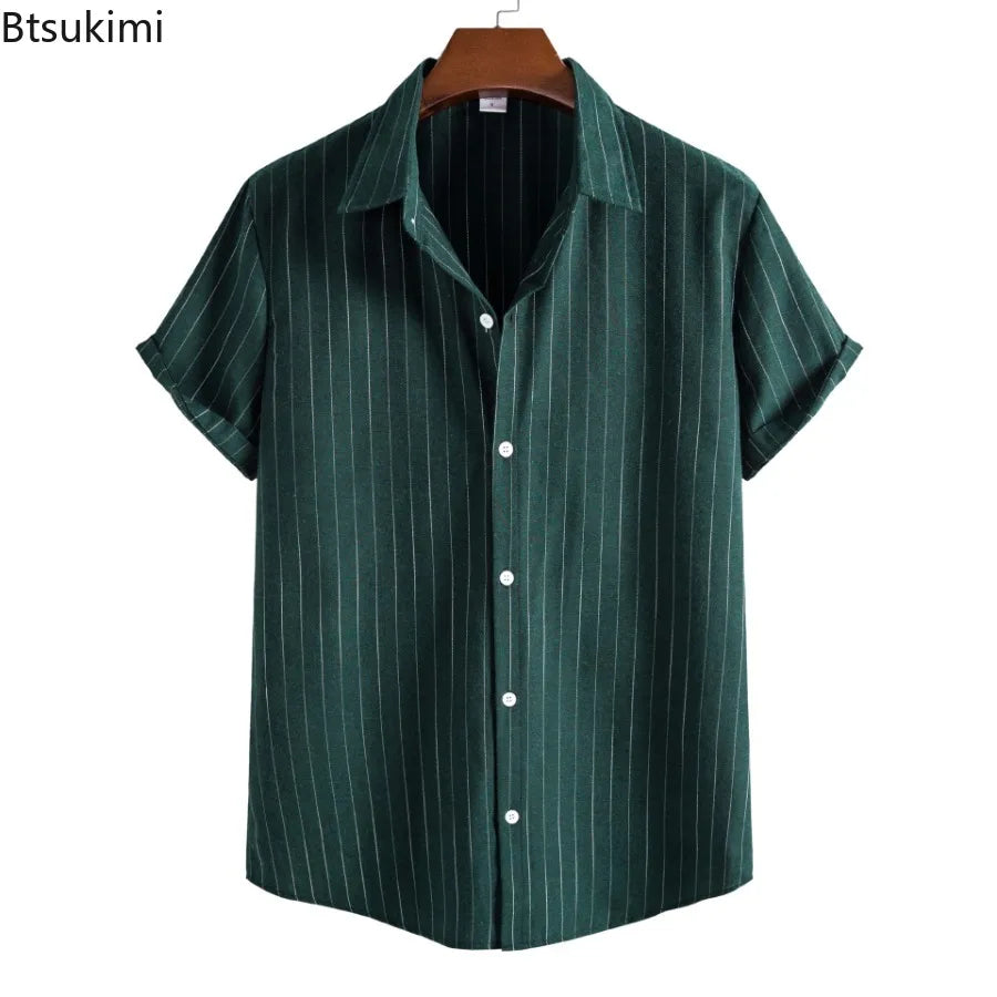 2026 Men's Striped Shirts Fashion Holiday Style Short Sleeve Casual Shirts Comfortable Loose Street Tops Men Summer Basic Shirts