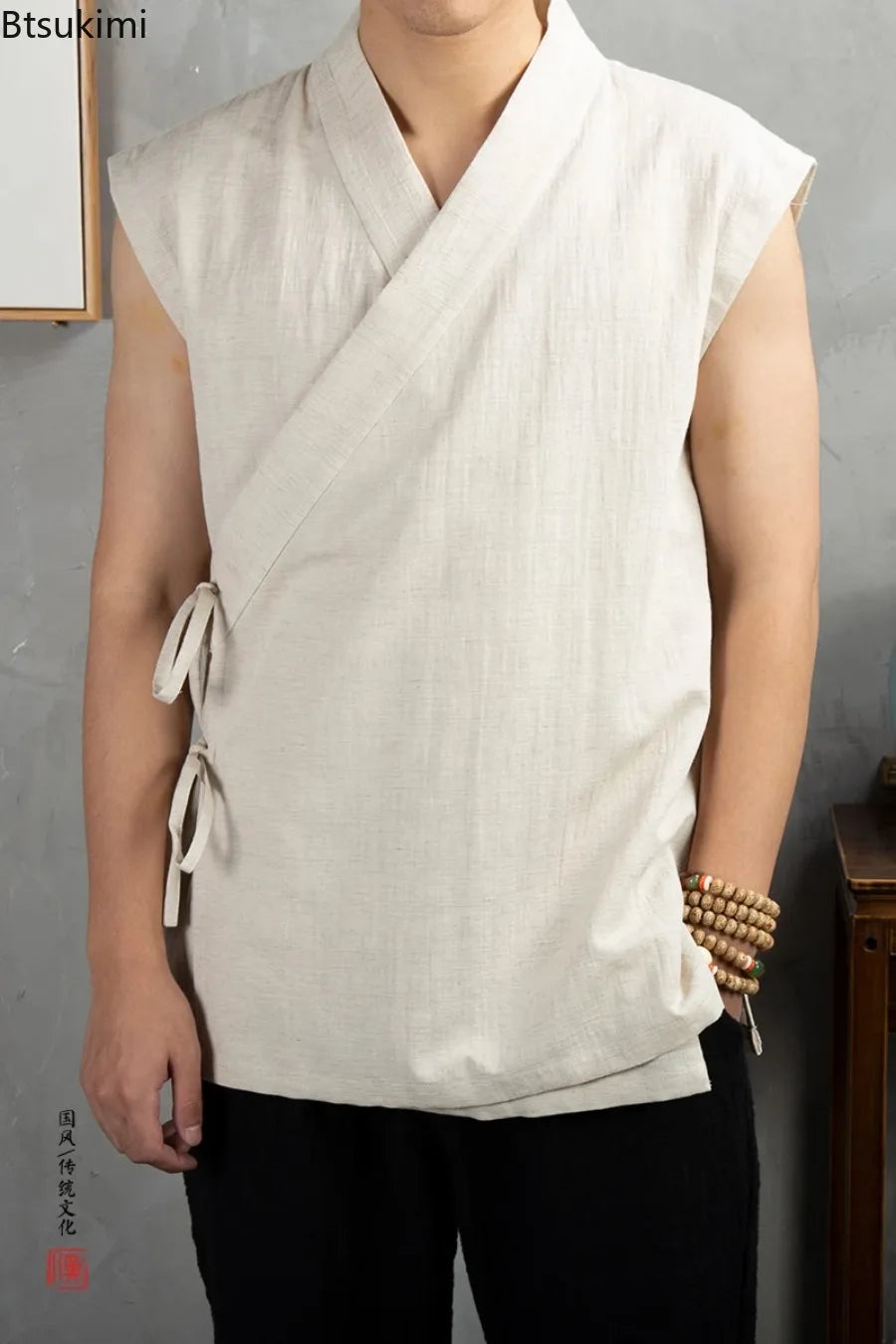 2026 Traditional Chinese Clothing Hanfu Men Linen Cotton Sleeveless Jacket Mens Tang Suit Kimono Cardigan Male Open Stitch Coat