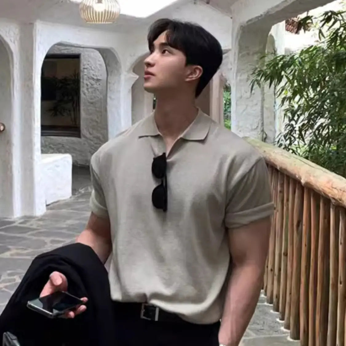 2023 Men's Clothing Light Luxury Knitted Polo Shirt Casual Soild V-Neck Solid Jacquard Short Sleeve T-Shirt Breathable M-4XL