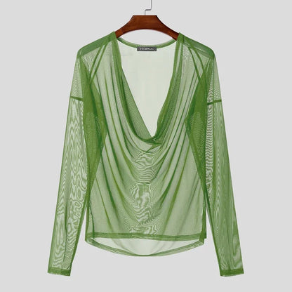 Men T Shirt Mesh See Through Sexy Long Sleeve Casual Male Tee Tops Party Nightclub Streetwear Fashion Men Clothing S-5XL