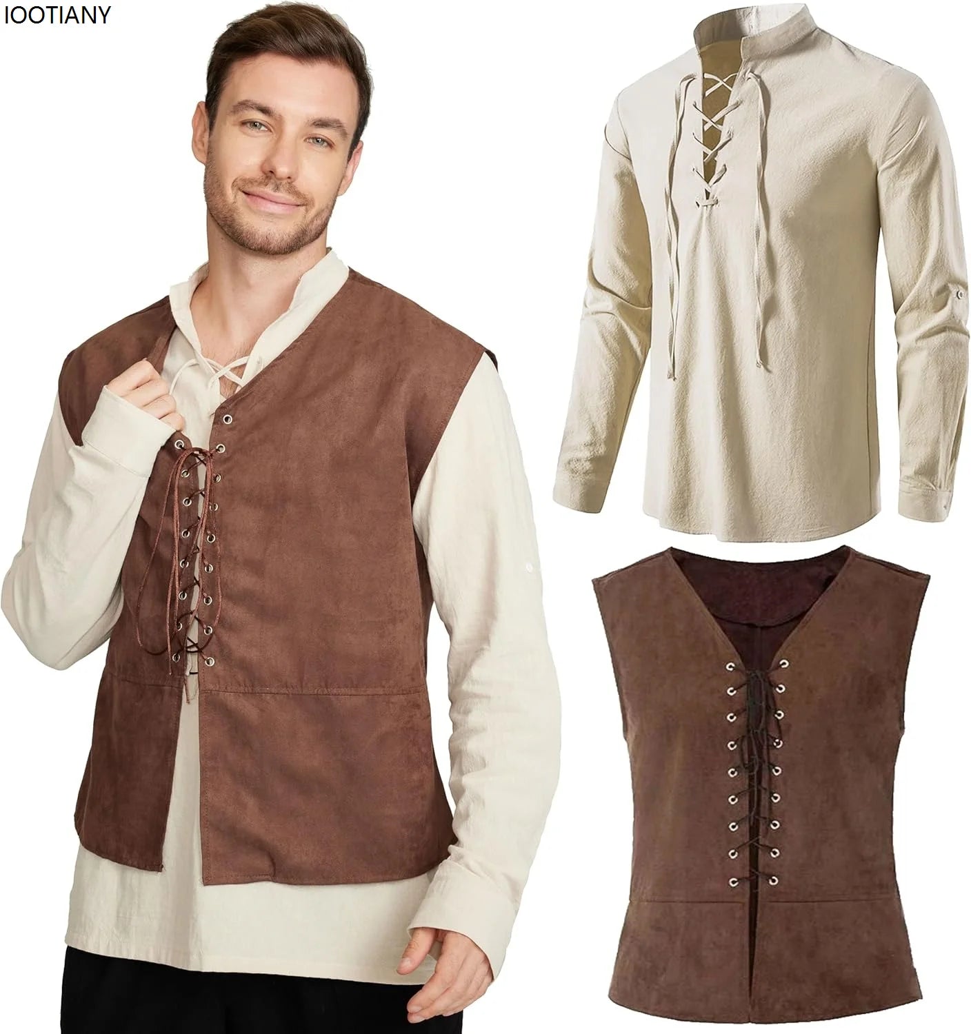 Medieval Renaissance Clothing Men Stand-up Collar Solid Color Shirt Vest Gothic Retro Lace-up Top Plus Vests Two-piece Suits New