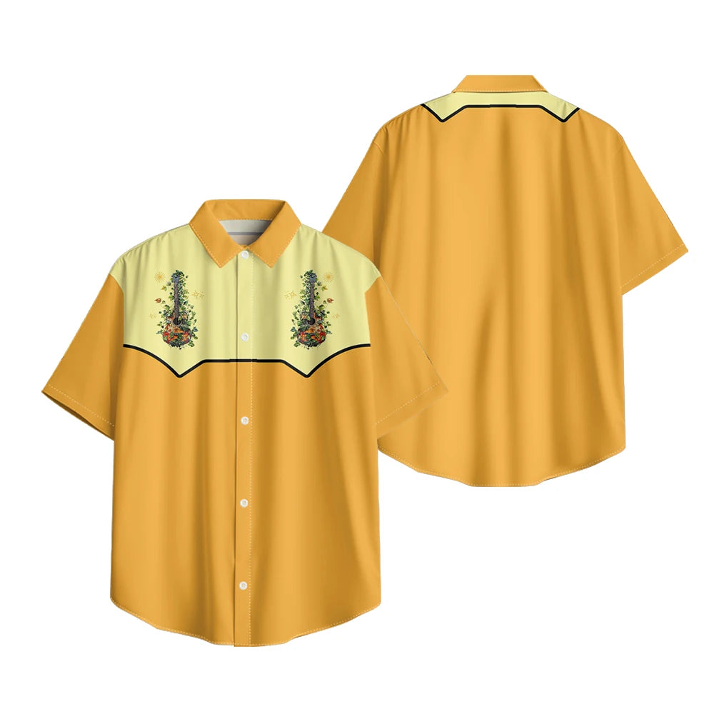 Men's Fashion Casual Shirt with Musical & Floral Design Short Sleeve Button Up Shirt Retro Hawaiian Inspired Summer Shirt