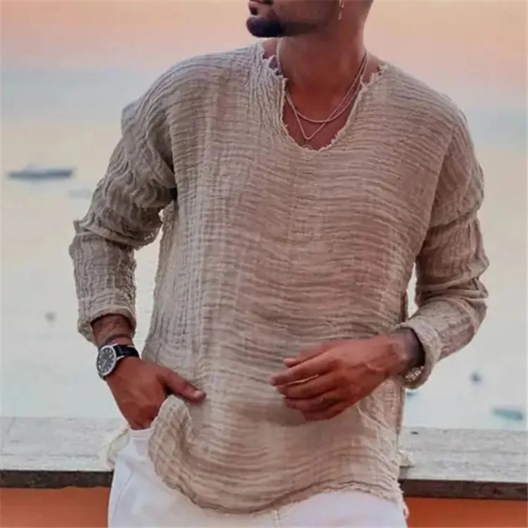 Men's Patchwork T-shirt Men Long Sleeve Fashion Ripped Cotton Tops Latest Summer Casual Linen Pullovers Sexy Mens clothing 2024