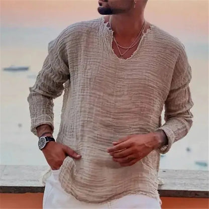 Men's Patchwork T-shirt Men Long Sleeve Fashion Ripped Cotton Tops Latest Summer Casual Linen Pullovers Sexy Mens clothing 2024