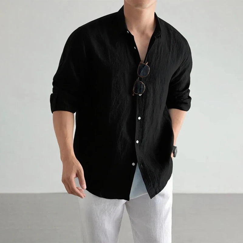 Men's Casual Fashion Shirt Long Sleeve 100% Linen Cotton T-shirts Black White Tops Clothing Plus Size Classic Baggy Shirts Men