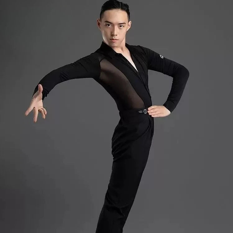 Men's Latin Dance Practice Clothes, Tops, Men's Performance Training Clothes, Long-sleeved Mesh Yarn Body Clothes, Test Clothes