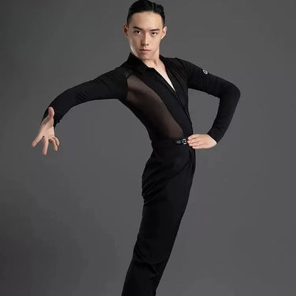 Men's Latin Dance Practice Clothes, Tops, Men's Performance Training Clothes, Long-sleeved Mesh Yarn Body Clothes, Test Clothes