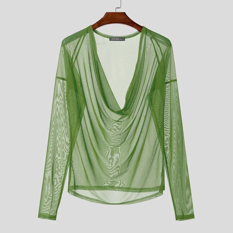 Men T Shirt Mesh See Through Sexy Long Sleeve Casual Male Tee Tops Party Nightclub Streetwear Fashion Men Clothing S-5XL