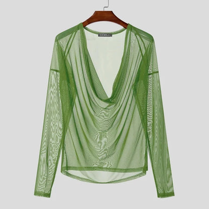 Men T Shirt Mesh See Through Sexy Long Sleeve Casual Male Tee Tops Party Nightclub Streetwear Fashion Men Clothing S-5XL