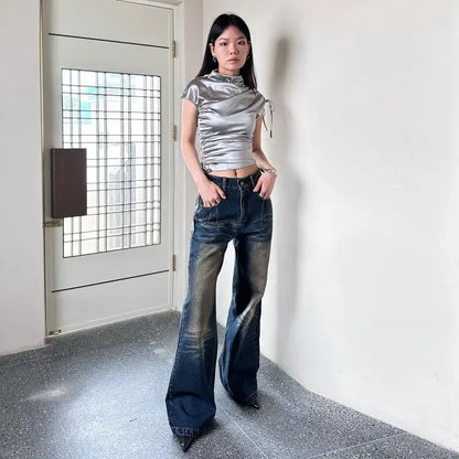T-shirts Women Short Sleeve Solid Shirring Fashion Streetwear Flods Unique Slim Fit Hotties Chic Tops All-match Half Turtleneck