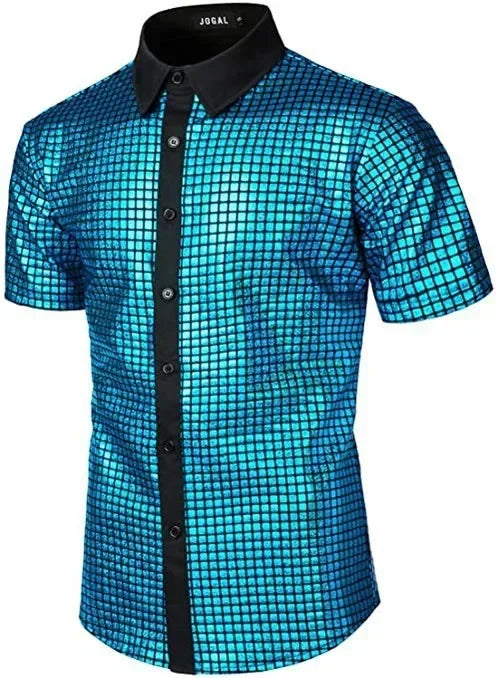 Men's Shiny Shirts Short Sleeve Shirts Nightclub Prom Disco Party Costume Button Blouse Casual Retro Cosplay Shirts Tops for Men