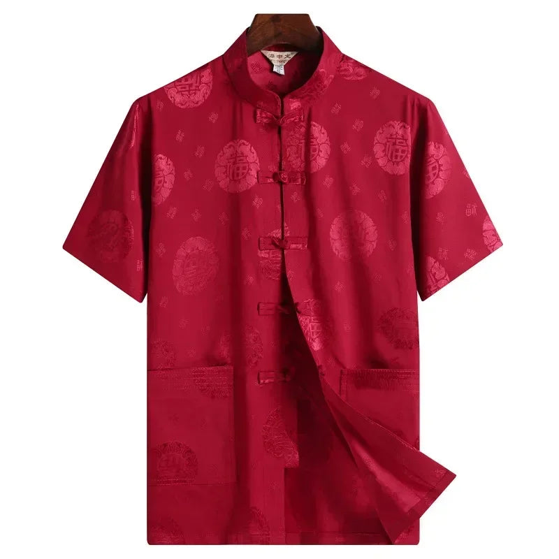 Traditional Chinese Clothing for Men Red Tang Suit Hanfu Short Sleeve Shirt Vintage Kung Fu China Tops Embroidery Clothes