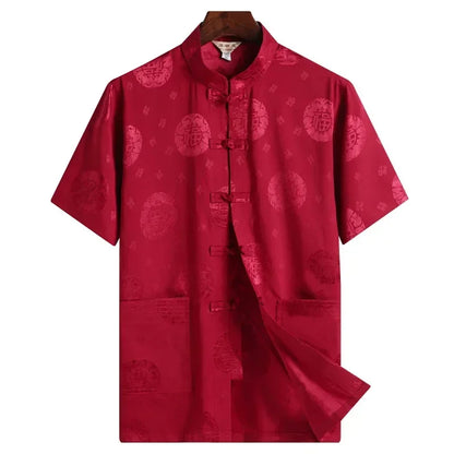 Traditional Chinese Clothing for Men Red Tang Suit Hanfu Short Sleeve Shirt Vintage Kung Fu China Tops Embroidery Clothes