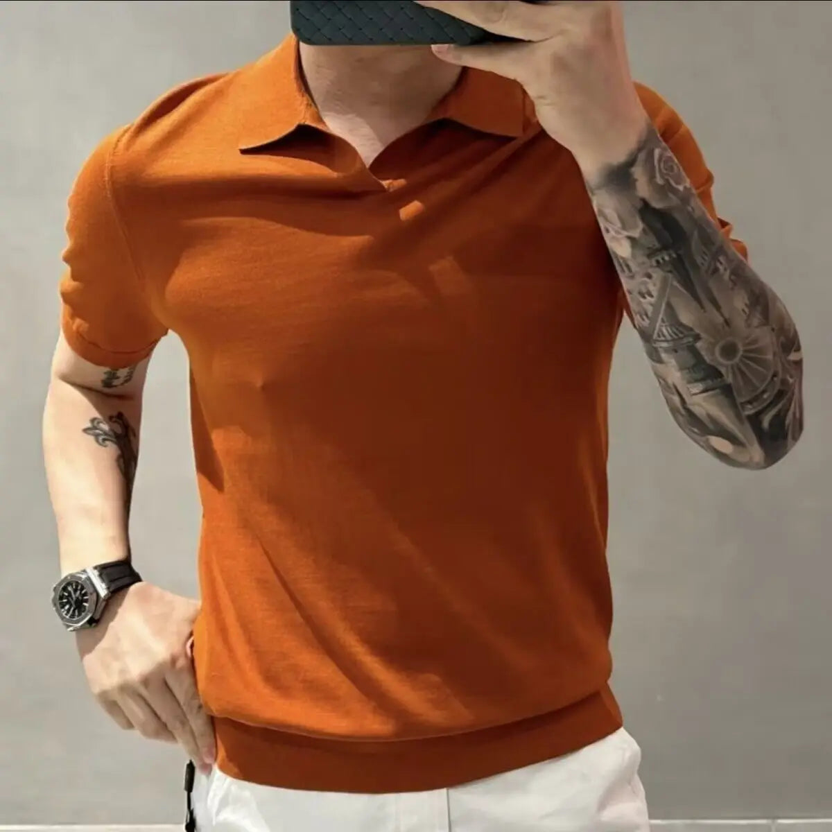2023 Men's Clothing Light Luxury Knitted Polo Shirt Casual Soild V-Neck Solid Jacquard Short Sleeve T-Shirt Breathable M-4XL