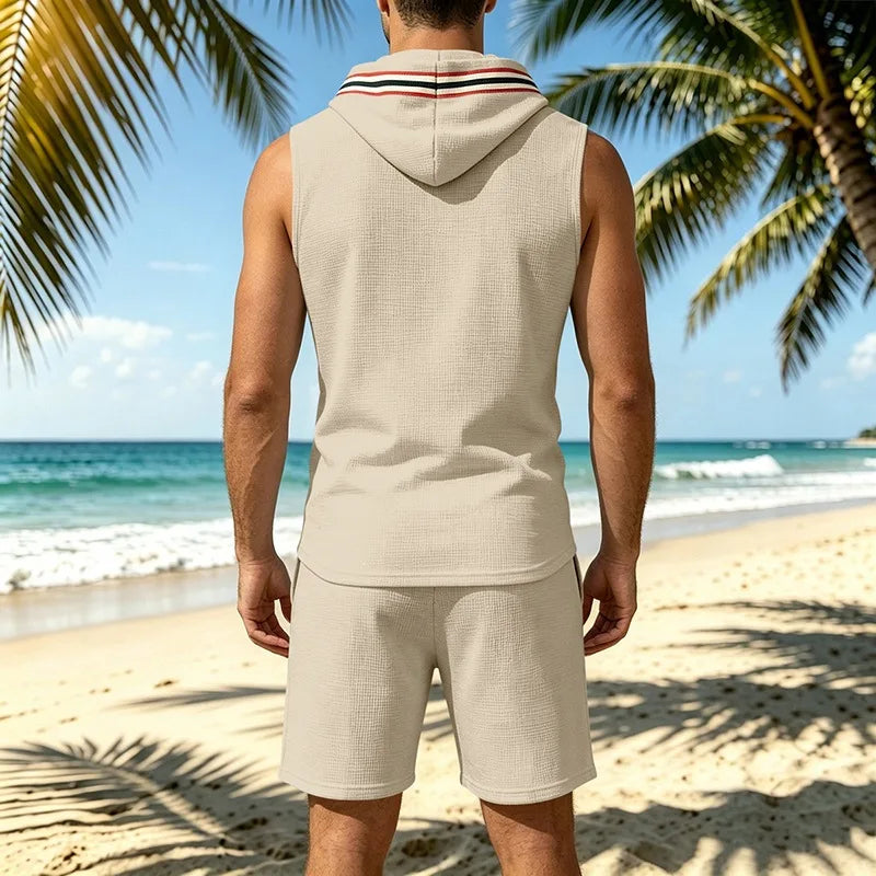 New Men's Two-Piece Summer Clothing: Sleeveless Hooded Pullover Top + Short Pants Set - Casual, Breathable Beach Sportswear