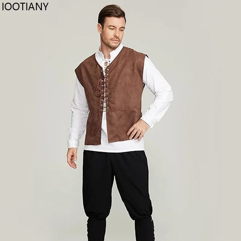 Medieval Renaissance Clothing Men Stand-up Collar Solid Color Shirt Vest Gothic Retro Lace-up Top Plus Vests Two-piece Suits New