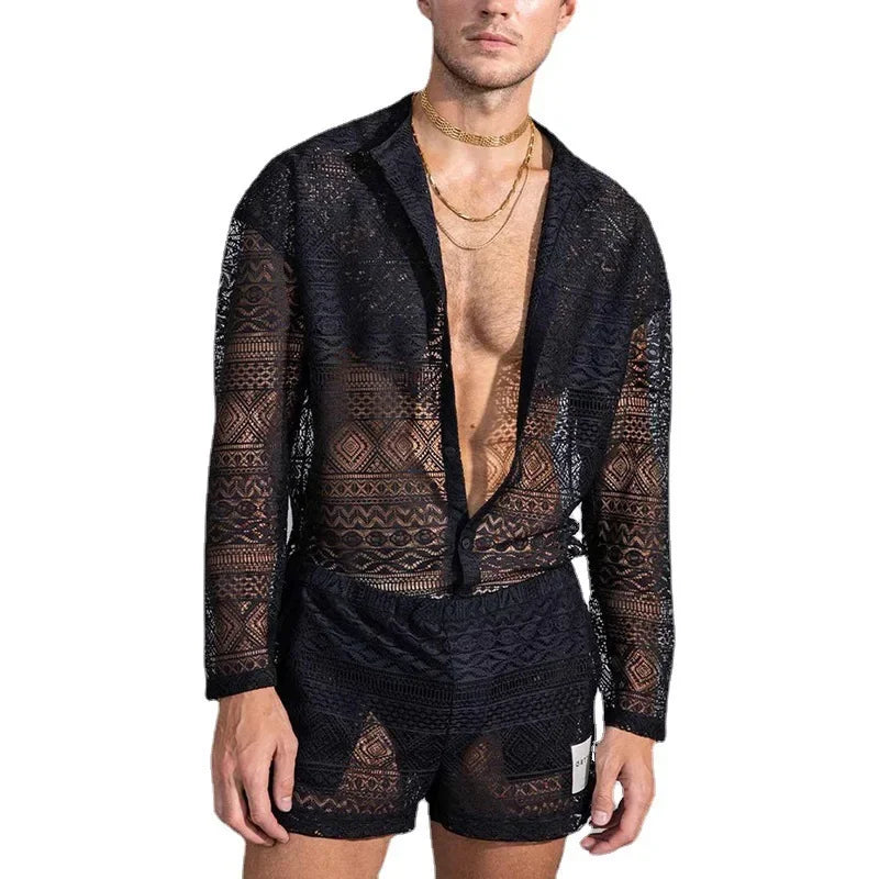 2026 Cross-border AliExpress European and American men's long-sleeved lace cut-out shirt casual shorts men's suit
