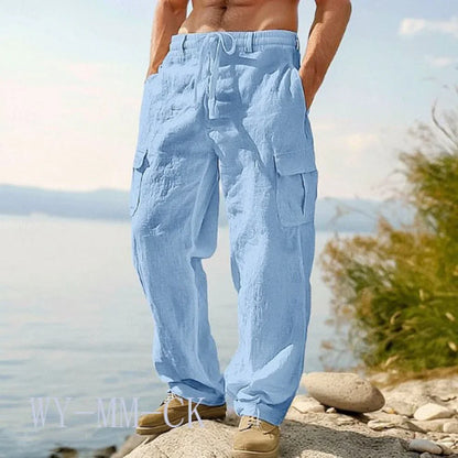 NEW European And American Men's Cotton And Linen Trousers Multi-pocket Work Pants Loose Straight Sportswear And Casual Trousers