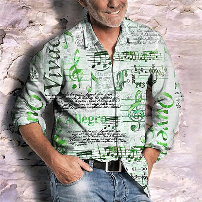 Music Shirt New Color Newspaper Text Creative Fashion Lapel Button Long Sleeve Casual Luxury Comfortable Soft Material 2023