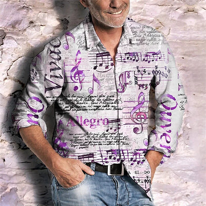 Music Shirt New Color Newspaper Text Creative Fashion Lapel Button Long Sleeve Casual Luxury Comfortable Soft Material 2023
