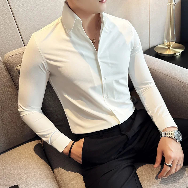 Men Dress Shirt 2025 Autumn Long Sleeve Camisas Business Fashion Shirt Male Solid British Style White Black Shirt Men Clothing
