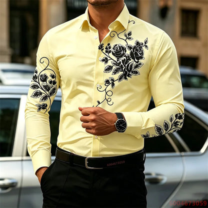 2026 New Men's Shirt with Rose Print, Long Sleeve, Slim Fit, Wrinkle-Free, Business Casual White Shirt, Trendy Men's Shirt