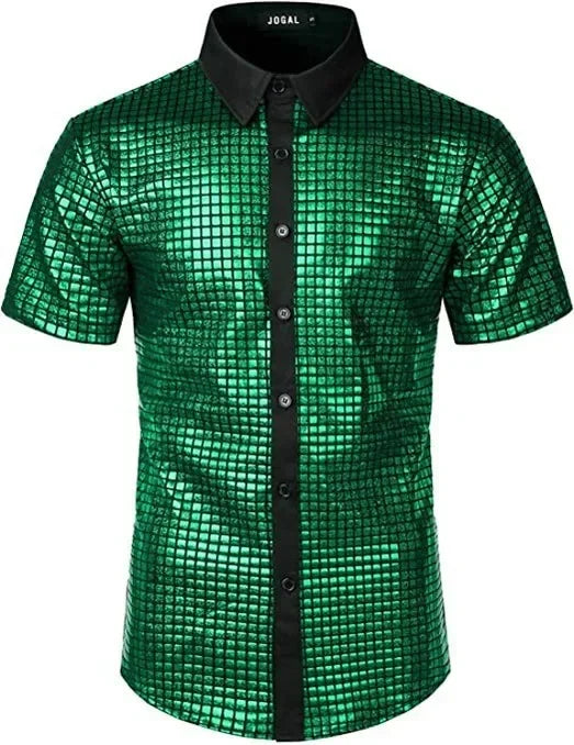 Men's Shiny Shirts Short Sleeve Shirts Nightclub Prom Disco Party Costume Button Blouse Casual Retro Cosplay Shirts Tops for Men