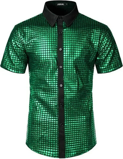Men's Shiny Shirts Short Sleeve Shirts Nightclub Prom Disco Party Costume Button Blouse Casual Retro Cosplay Shirts Tops for Men