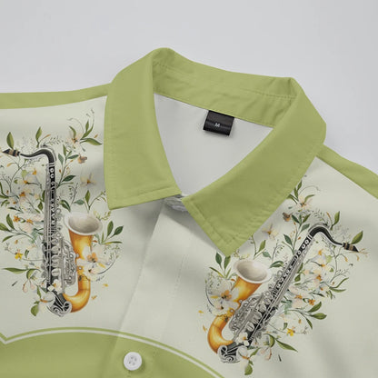 Men's Fashion Casual Shirt with Musical & Floral Design Short Sleeve Button Up Shirt Retro Hawaiian Inspired Summer Shirt