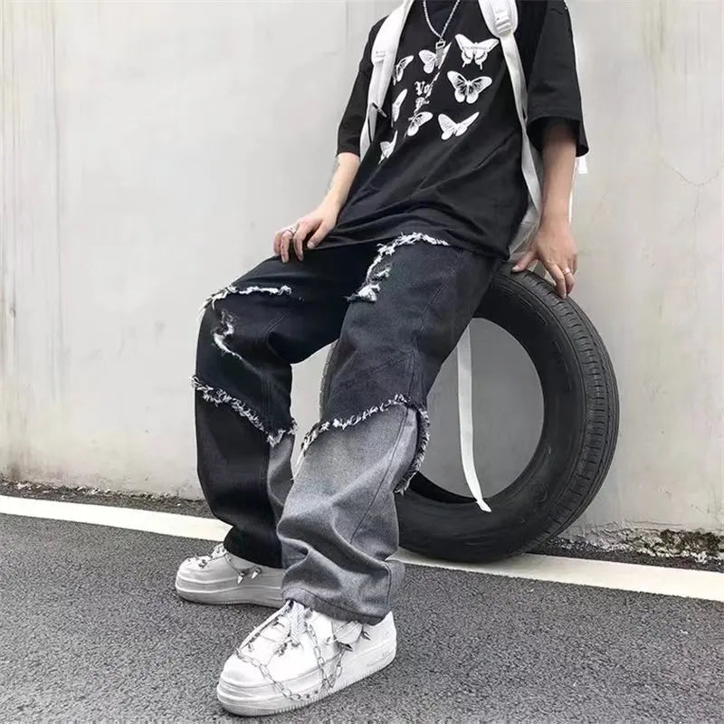 2026 Korean Fashion  Ripped Jeans Pants Men Broken Holes Trousers Casual Soft Stylish Regular Baggy Straight Denim Trousers