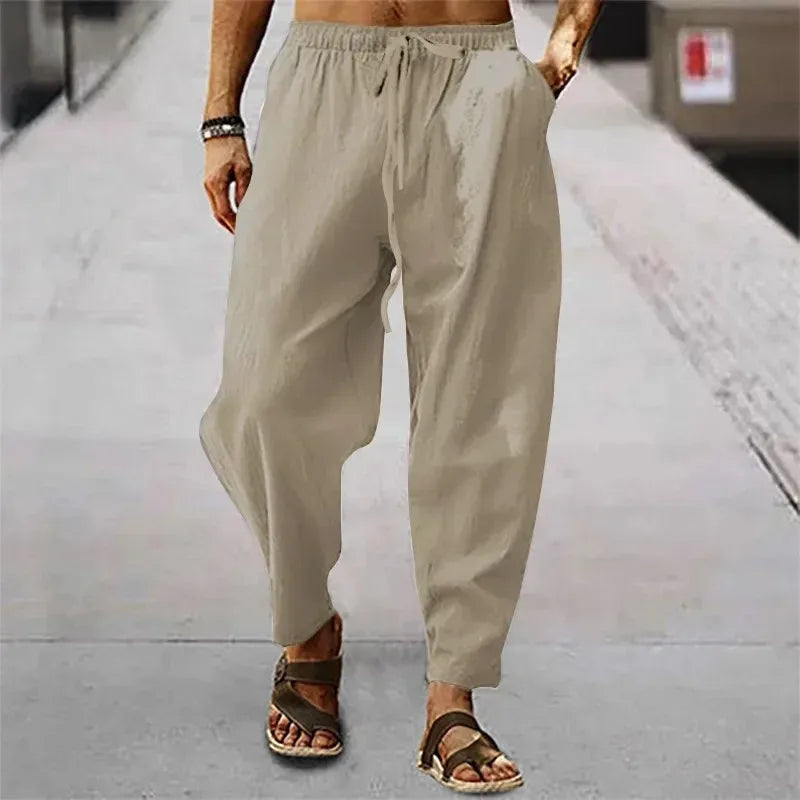 New Men Cotton Linen Pants Summer and Autumn Solid High Waist Wide-Leg Trousers Male Loose Hemp Casual Breathable Sports Pants