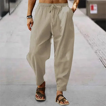 New Men Cotton Linen Pants Summer and Autumn Solid High Waist Wide-Leg Trousers Male Loose Hemp Casual Breathable Sports Pants