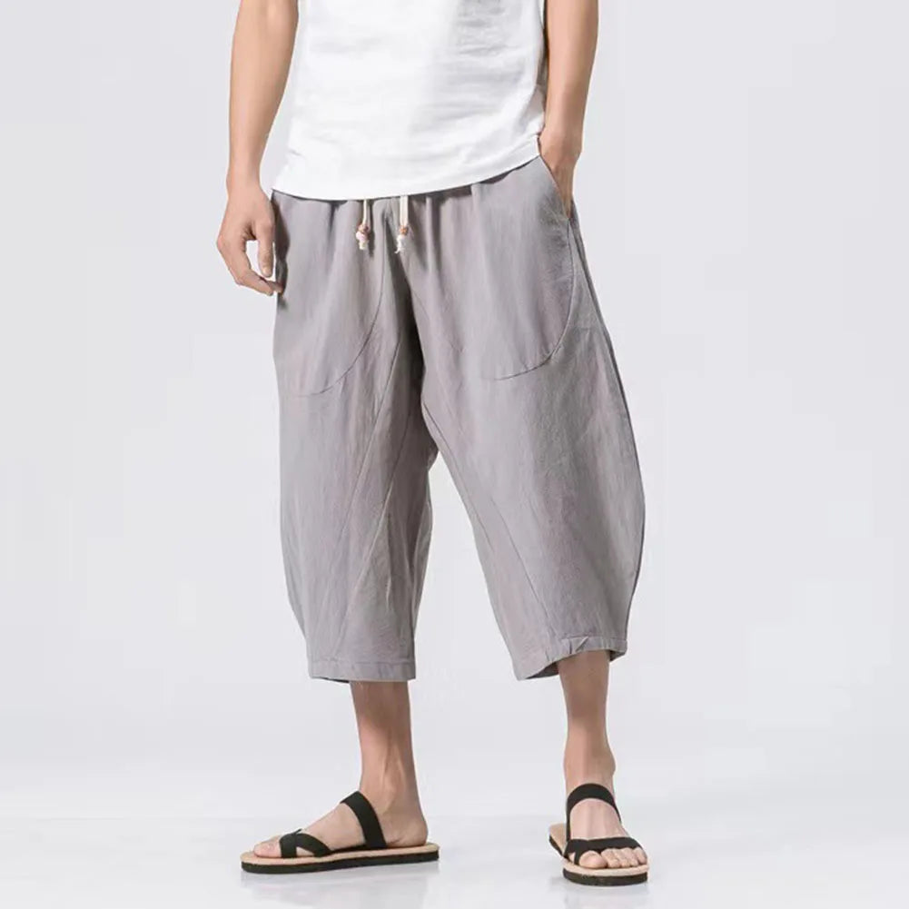 Men Loose Thin Cotton Linen Casual Trousers Calf-length Sweatpants Men's Clothing Fashion Solid Color Harem Pants