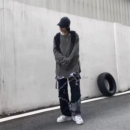 2026 Korean Fashion  Ripped Jeans Pants Men Broken Holes Trousers Casual Soft Stylish Regular Baggy Straight Denim Trousers