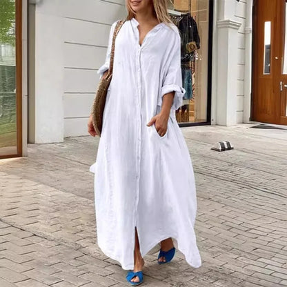 Women's Clothing Casual Pocket Shirt Collar Long Skirt Casual Cotton Linen Dress