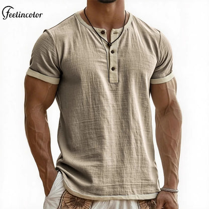 Men's Linen Cotton Patchwork T-shirk Summer Casual Short-sleeved Shirt Comfortable Breathable Top Round Collar Male Clothing