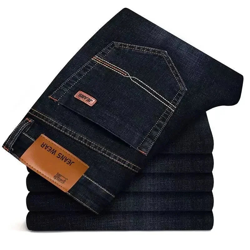 2025 Men's Fashionable High-End Blue and Black Straight Leg Jeans, New Stretch, Slim Fit, Business Comfortable Men's Brand Jeans