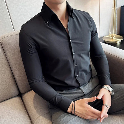 Men Dress Shirt 2025 Autumn Long Sleeve Camisas Business Fashion Shirt Male Solid British Style White Black Shirt Men Clothing