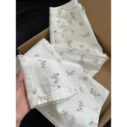 White floral straight jeans women's early autumn new thin loose high waist covered Joker slim casual wide-leg pants. jeans