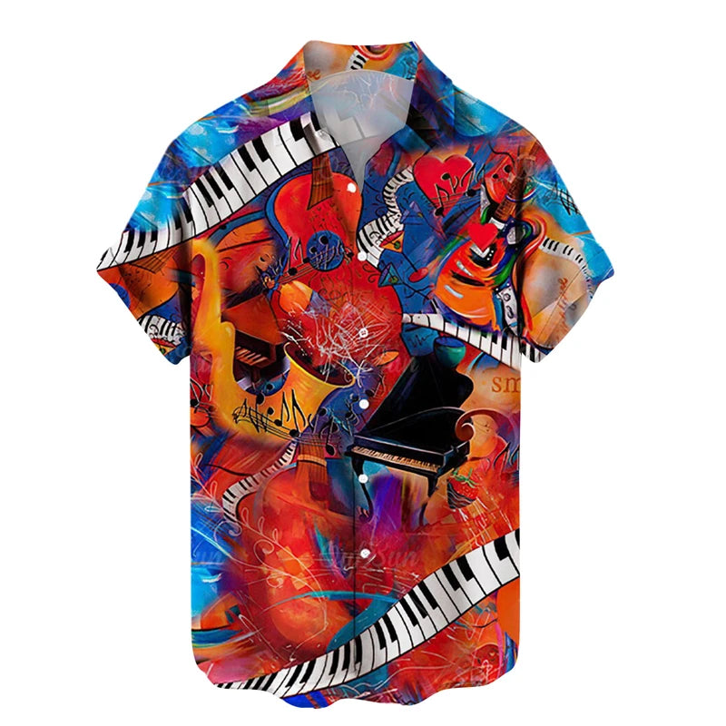 Shirts For Men Music Guitar Print Rock Hip Hop Tops Male Clothing Short Sleeve V-Neck Beach Ahloa Shirts Camisa Social Masculina