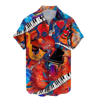 Shirts For Men Music Guitar Print Rock Hip Hop Tops Male Clothing Short Sleeve V-Neck Beach Ahloa Shirts Camisa Social Masculina