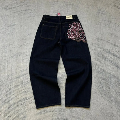 2025 autumn new European and American jeans embroidered pattern loose and personalized street Harajuku straight trousers