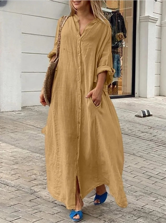 Women's Clothing Casual Pocket Shirt Collar Long Skirt Casual Cotton Linen Dress