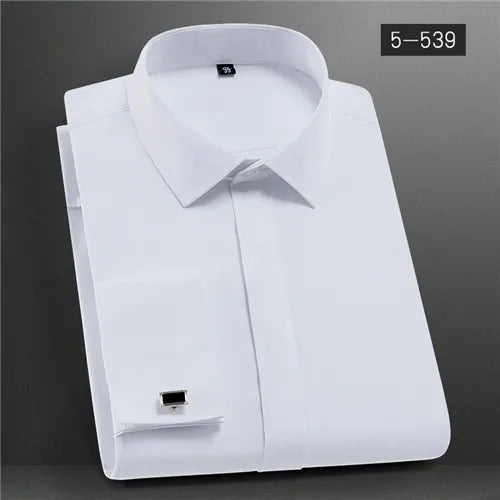 French Shirts for Men Covered Button Solid Plain Long Sleeve Business Party Tuxedo Men Dress Shirt with French Cufflinks