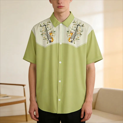 Men's Fashion Casual Shirt with Musical & Floral Design Short Sleeve Button Up Shirt Retro Hawaiian Inspired Summer Shirt
