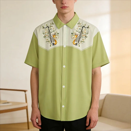 Men's Fashion Casual Shirt with Musical & Floral Design Short Sleeve Button Up Shirt Retro Hawaiian Inspired Summer Shirt