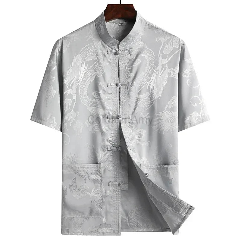 Traditional Chinese Clothing for Men Red Tang Suit Hanfu Short Sleeve Shirt Vintage Kung Fu China Tops Embroidery Clothes
